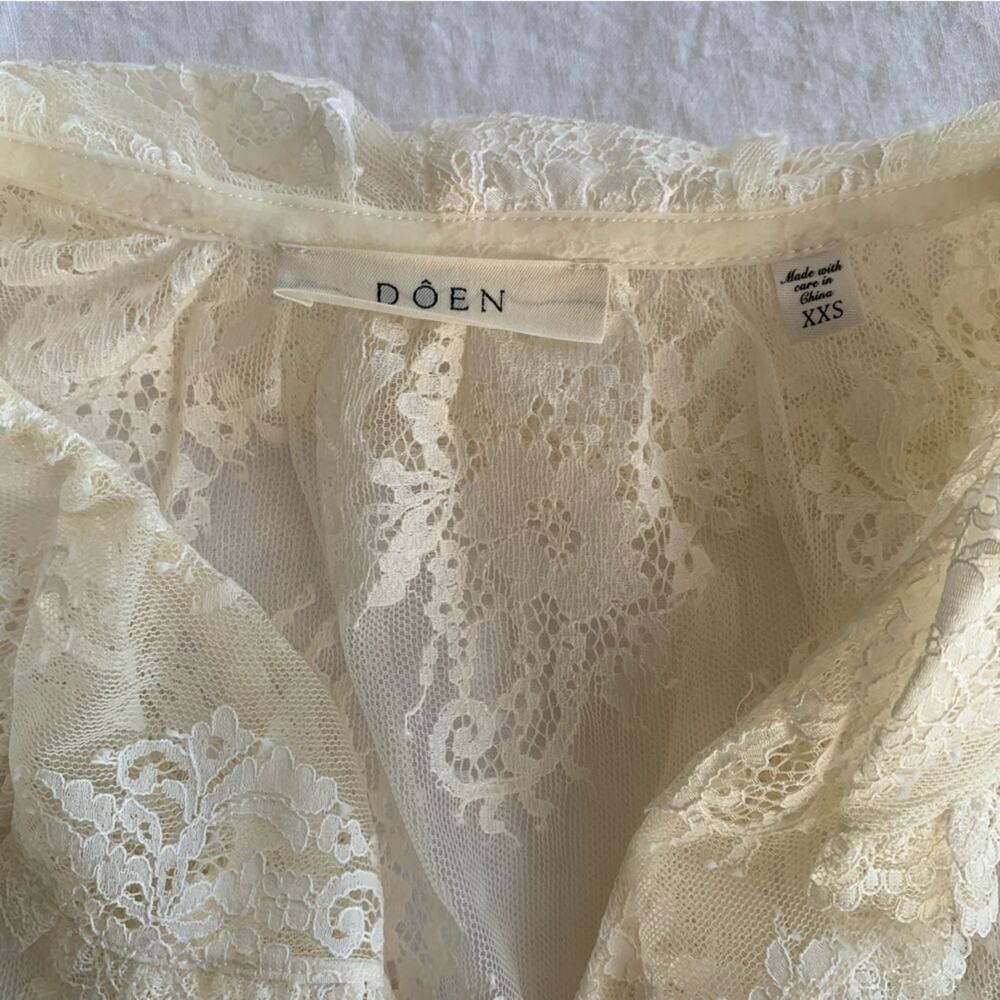 Doen Henri Lace Ruffle Sheer Puff Shoulder Blouse Top Sea Salt Cream Ivory - Picture 12 of 14